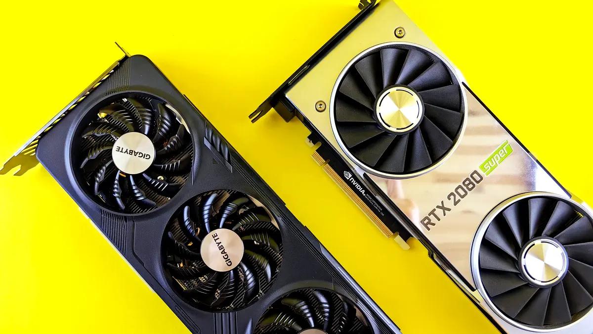 Two desktop graphics cards side by side on a yellow background.