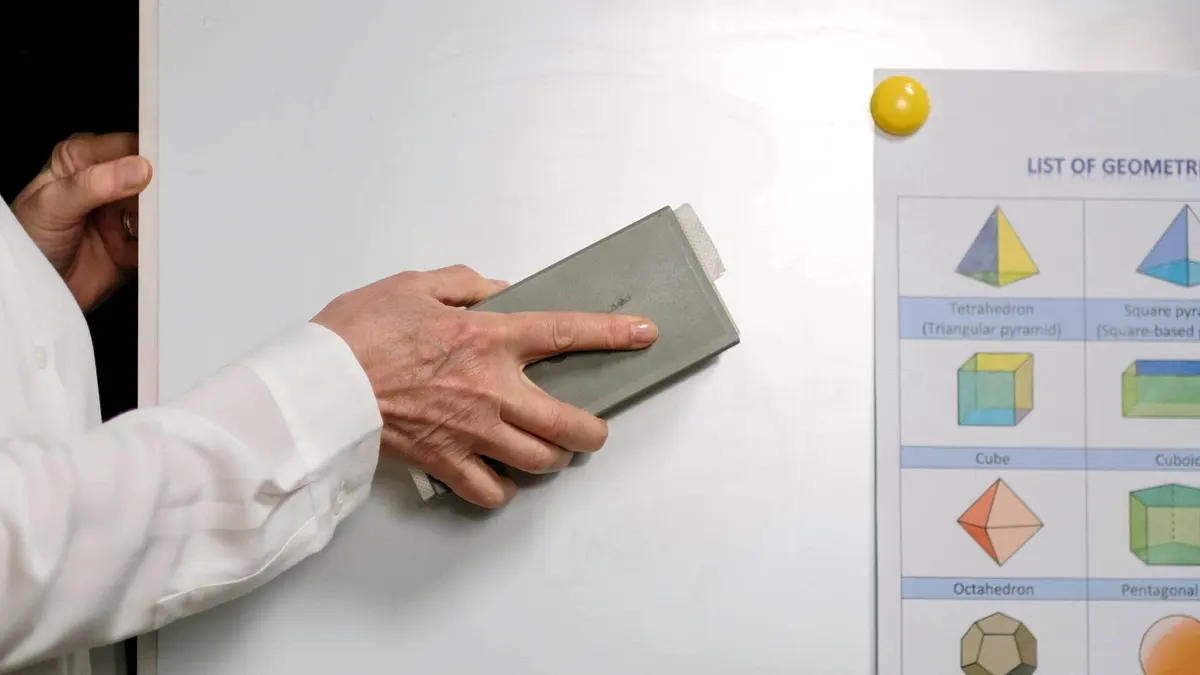 A hand wiping a whiteboard clean with an eraser.